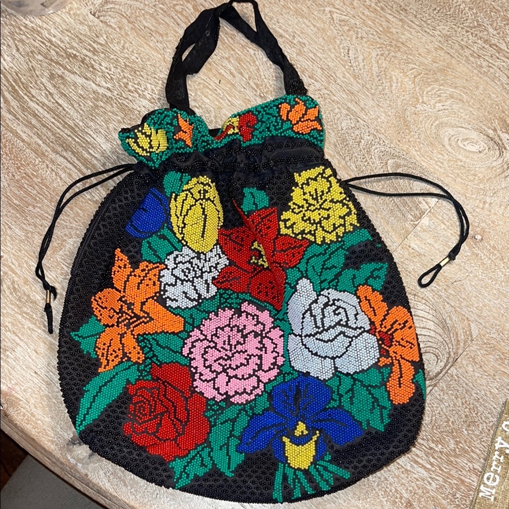 Vintage Beaded Floral Embroidered Black Drawstring Bag